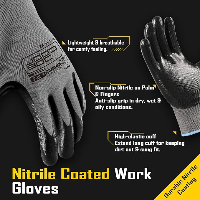 COOLJOB 20 Pairs Nitrile Dipped Safety Work Gloves with Grip, Non-slip Rubber Coated Bulk Garden Gloves for Men, Heavy-duty Oil Resistant for Truck Driver, Warehouse Box Handler, Large, Gray