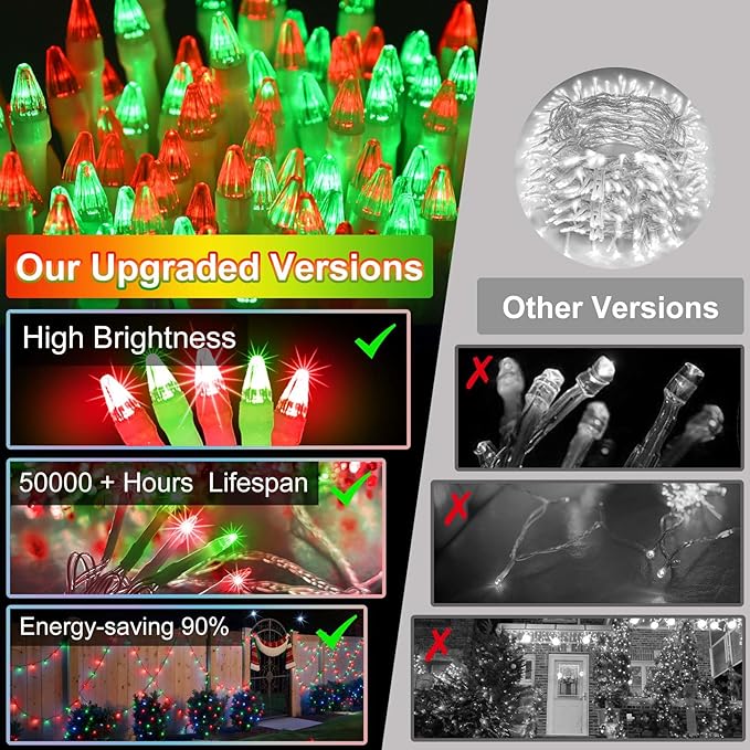 340 LED 90FT Christmas String Lights Outdoor, 12 Pro Modes and Timer Memory & Brightness, Plug in Outdoor Waterproof Clear Wire Twinkle Light for for Xmas Yard Tree Wedding Party Decor (Red & Green)