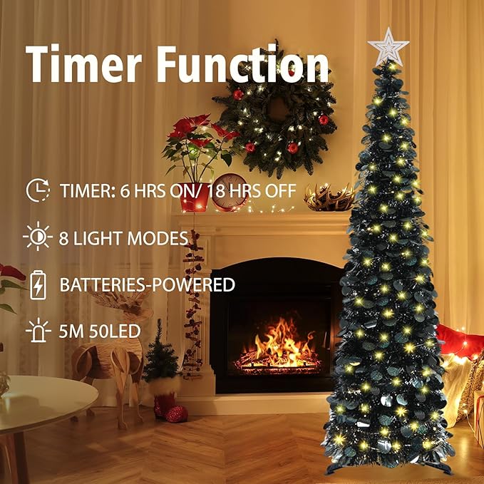 HMASYO 5 FT Pop Up Christmas Tree with Timer Lights, Black Christmas Tinsel Tree, Collapsible Artificial Pencil Christmas Tree for Indoor Home Apartment Porch Holiday Party Decorations