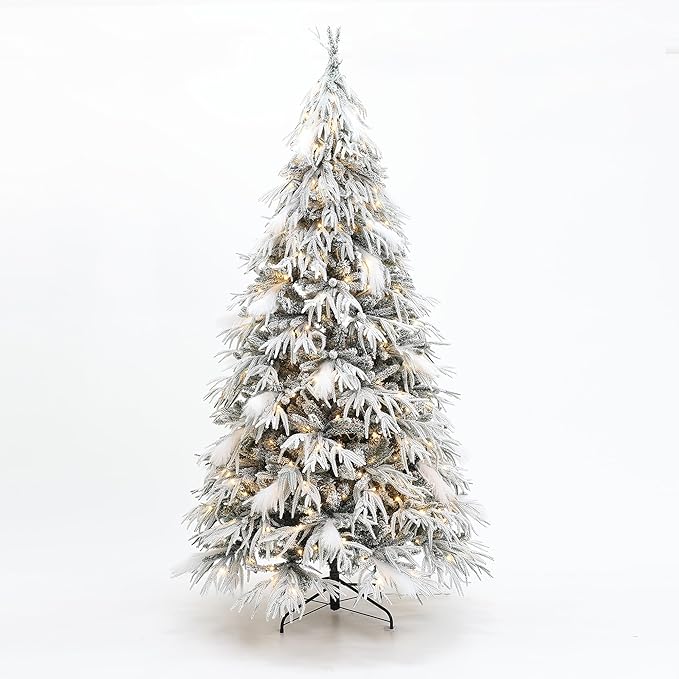 LuxenHome 6.5FT Flocked Artificial Christmas Tree, Downswept Branches Spruce Prelit Christmas Trees with 350 Warm White LED Lights and Feather Accents, 2522 PE+PVC Tips, Xmas Tree Holiday Decor