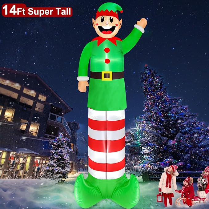 14 Ft Super Tall Christmas Inflatable Elf, Christmas Inflatables Decoration Outdoor Blow Up Giant Santa Elf with Built-in LED Lights Inflatable Christmas Decoration for Yard Outside Garden Lawn
