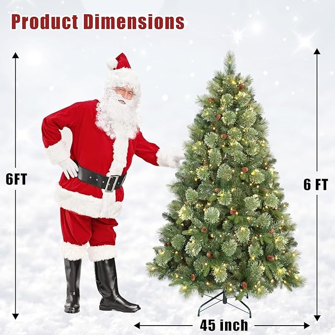 Kadunmina 6ft Prelit Christmas Tree, Artificial Carolina Pine Christmas Tree with 410 Warm White Lights, Pine Cones, 980 Branch Tips and Metal Stand for Home, Office, Holiday Party Decoration