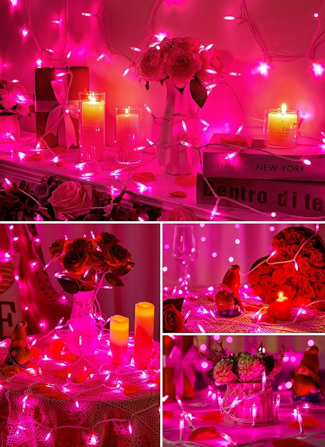 Minetom Valentines Decor Pink Lights, 39 Feet 100 LED Mini Valentines String Lights USB Operated, Waterproof Tree Lights Indoor for Home Bedroom Holiday Decorations