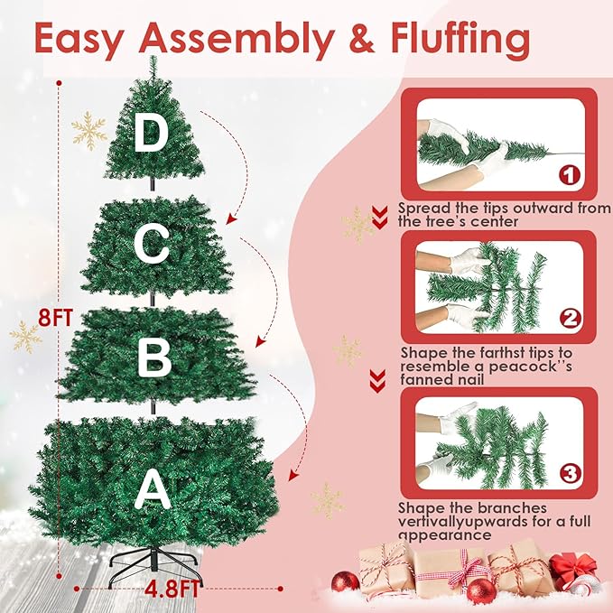 8ft Prelit Christmas Tree, Indoor Xmas Tree w/Pre-Strung 430 Warm White LED Lights, 1438 PVC Branch, Metal Hinge& Foldable Base, Artificial Christmas Tree for Home, Holiday, Party Decoration