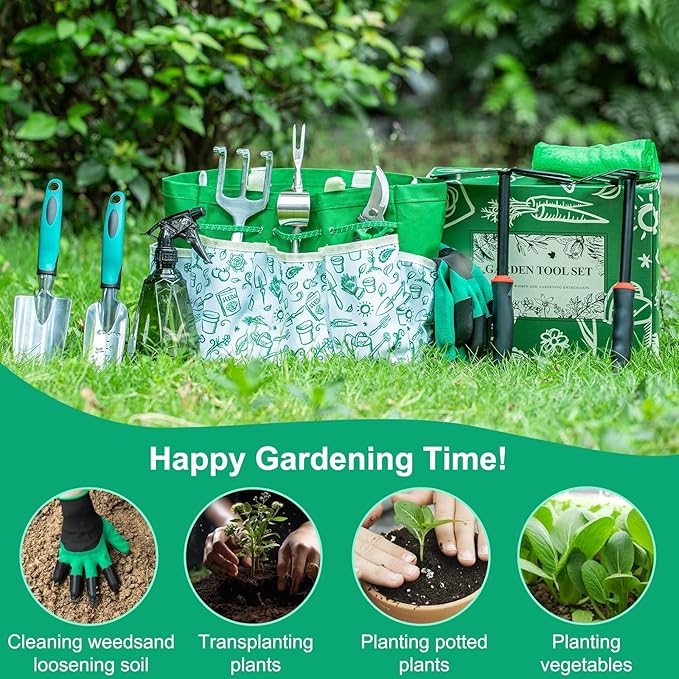 Garden Tool Set for Women, 12pcs Heavy Duty Gardening Tools, Cute Gardening Supplies Gifts for Women Mom, Garden Hand Tools with Fashion Organizer Handbag, Garden Tools for Gardening, Planting, Green