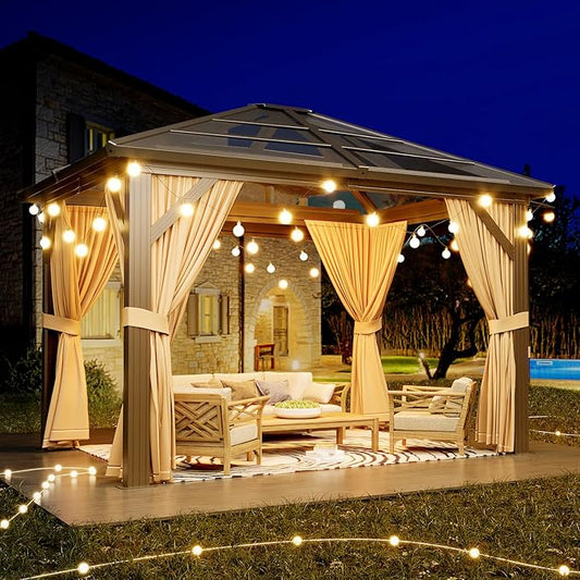 10X12 FT Outdoor Polycarbonate Hardtop Gazebo, Outdoor Gazebo with Mesh Nettings and Sunshade Curtains, Aluminium Frame Gazebo for Terrace, Courtyards, Lawn and Deck