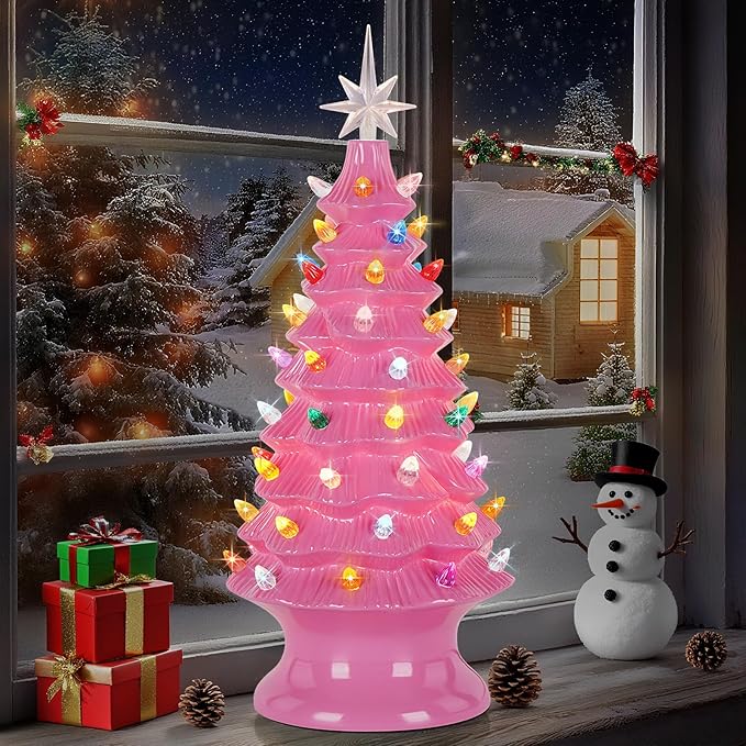 Lakumu 16.5" Table Top Christmas Tree, Hand Painted Resin Christmas Tree with Lights, Pre-lit Xmas Tree Decor Lighted Tabletop Decoration with Multicolored LED Bulbs, Ceramic-Like Finish, Pink