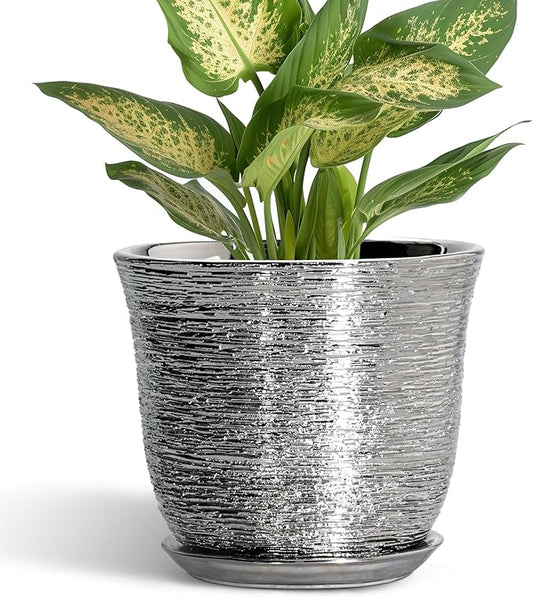 5.6 Inch Plant Pot - Ceramic Pots for Plants Indoor Outdoor, Succulent Orchid Pot with Drainage Hole and Saucer, Round Planter, Small Flower Pots, Room Decor, Gifts for Plant Lovers, Silver