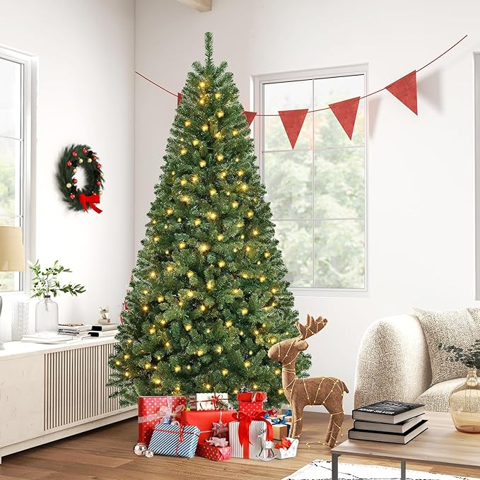 GOFLAME 8FT Prelit Artificial Christmas Tree, Hinged Xmas Tree with 1182 Branch Tips, 400 Warm White LED Lights, 8 Lighting Modes, Holiday Decoration Tree for Home Office Party