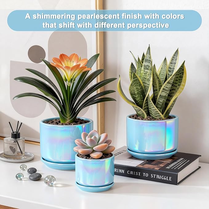 EFISPSS Ceramic Planter 4+5+6 Inch Ceramic Flower pots for Indoor Plants with Drainage,for Succulent Cactus,Garden Planters,Modern Decorative for Home Blue Pearl Glaze Plant Pots