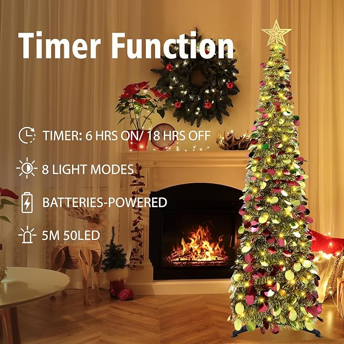 HMASYO 5 FT Pop Up Christmas Tree with Timer Lights, Gold Christmas Tinsel Tree, Collapsible Artificial Pencil Christmas Tree for Indoor Home Apartment Porch Holiday Party Decorations