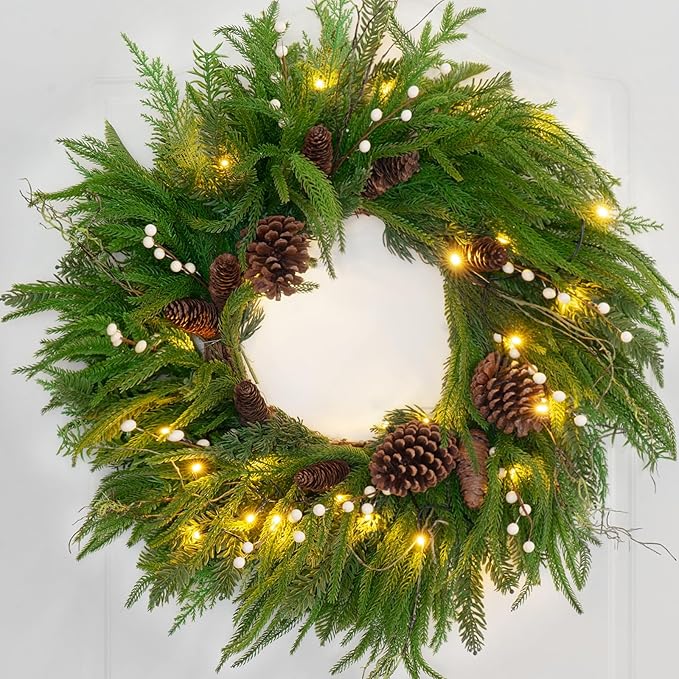 Prelit Christmas Wreaths for Front Door 24 Inch- Real Touch Norfolk Pine Wreath with Lights,Green Evergreen Outdoor Xmas Wreath with Natural Pine Cones and Berries for Farmhouse Home Decor