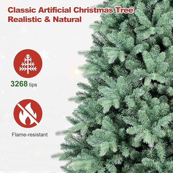 9 Ft Blue Spruce Artificial Christmas Tree, Hinged Unlit Xmas Trees with 3268 PE&PVC Mixed Branch Tips, Home Holiday School Decor with Foldable Base Easy Setup