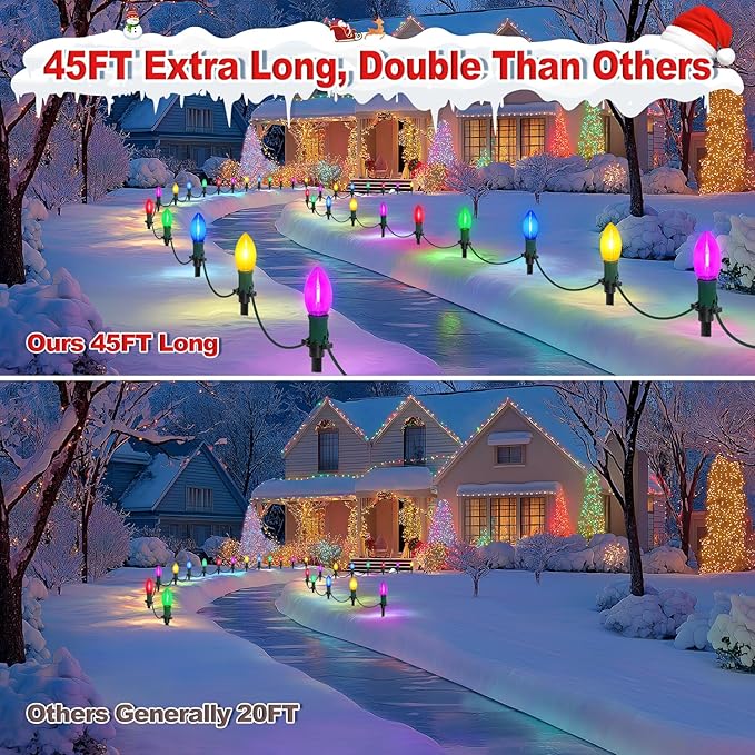 45Ft C9 Led Christmas Pathway Lights Outdoor, 30 Multicolor Bulbs Waterproof Connectable Christmas Walkway Lights for Driveway, Yard, Lawn, Sidewalk Decorations