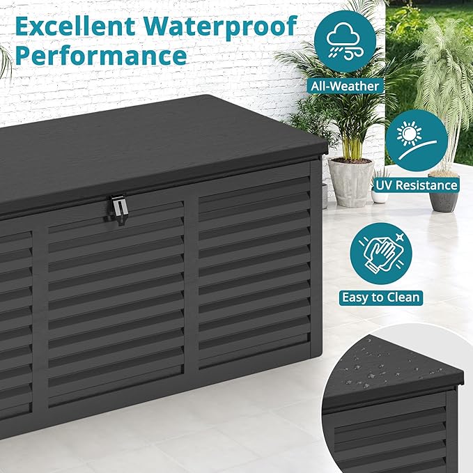 HUGROVE Resin Deck Box, 130 Gallon Outdoor Storage Box with Lockable Lid, Waterproof Patio Storage for Garden Tools & Outdoor Accessories (Dark Black)