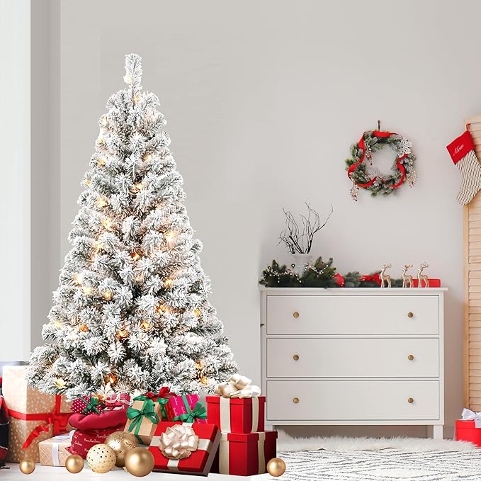6FT Pre-Lit Flocked Christmas Tree with 250 Warm White Lights, Full White Christmas Tree with Premium PVC Branches,Realistic Snowy Look, Indoor Fake Snow Xmas Tree for Home Office Shops