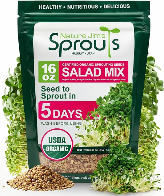 Nature Jims Sprouts Organic Salad Mix – Non-GMO Microgreen Seeds for Growing – Healthy Broccoli, Alfalfa, Radish & Clover Sprouting Variety Blend – Microgreens & Sprouts Seeds for Home Gardening – 1lb