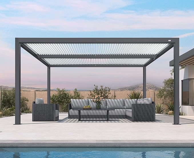 PURPLE LEAF Louvered Pergola 11' x 15' Outdoor Aluminum Pergola with Hidden Drainage System and White Adjustable Sun Shade Roof Patio Hardtop Large Pergolas for Patio Dining Poolside Side Yard