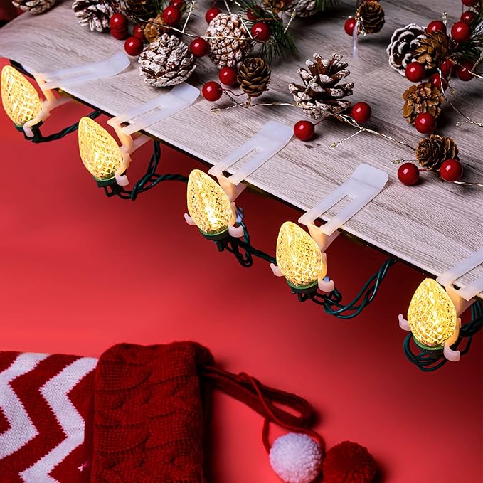 C9 Led Christmas String Lights 68Ft 100 LED with All in One Clips Outdoor Waterproof Strawberry Roof Lights, Commercial Grade Extendable for Indoor Outside Roofline Home Xmas Decoration, Warm White