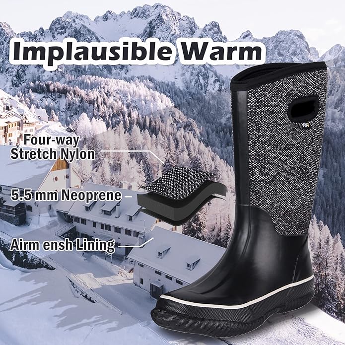 WTW Mid Calf Rain Boots for Women - Waterproof Insulated Neoprene Mud Boots Outdoor Hunting Garden Boots