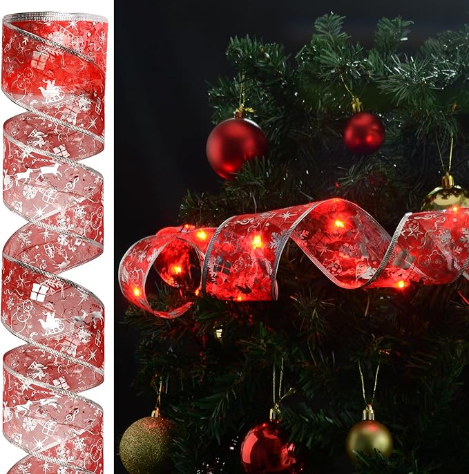Christmas Decorations - 2.5Inch x 66Ft 200 Led Christmas Tree Ribbon Lights with 8 Lighting Modes, Battery Operated & USB Powered Fairy String Lights with Timer for Xmas Tree Decor