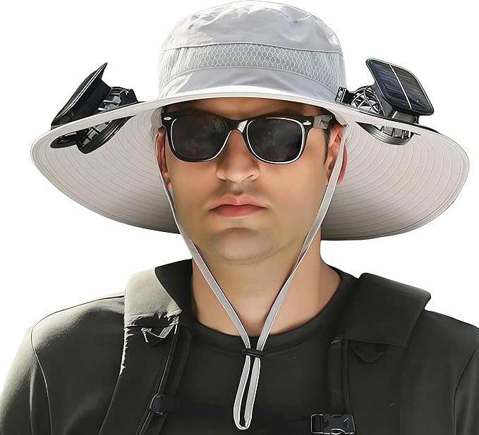 Wide Brim Solar Fan Hat for Men Women- UPF 50+ Sun Bucket Hat with 2 Built-in Solar Powered Fans for Fishing, Hiking & Beach