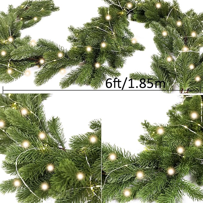 6FT Christmas Garland PARTY JOY Pine Garland with 9.8FT LED String Lights, Greenery Plant for Christmas Decorations Table Mantle Background Wall Room Outdoor Indoor Winter Decoration
