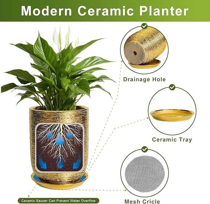 Ceramic Pots for Plants 12 Inch - Ceramic Planter for Indoor Outdoor Flowers, Cylinder Modern Flower Pot with Drainage Hole and Saucer, Patio Home Decor, Gifts for Plants Lovers, Gold
