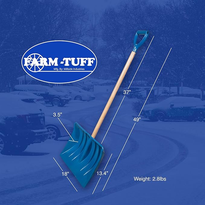 Farm-TUFF Heavy Duty Multi-Purpose Shovel - Snow, Barn, Grain, Industrial Use - Large Non-Stick Blade & Ash Hardwood D-Grip Handle - Durable & Lightweight Utility Scoop - Blue, 18in