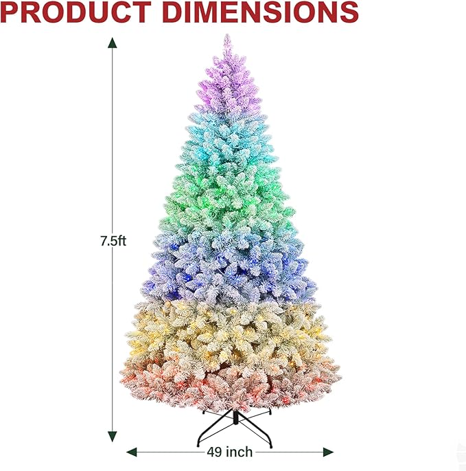 Hykolity 7.5 ft Prelit Snow Flocked Christmas Tree with Remote Control, 1446 PVC Branch Tips, Artificial Hinged Christmas Tree with 450 Multi-Color RGB Lights for Home, 15 Modes