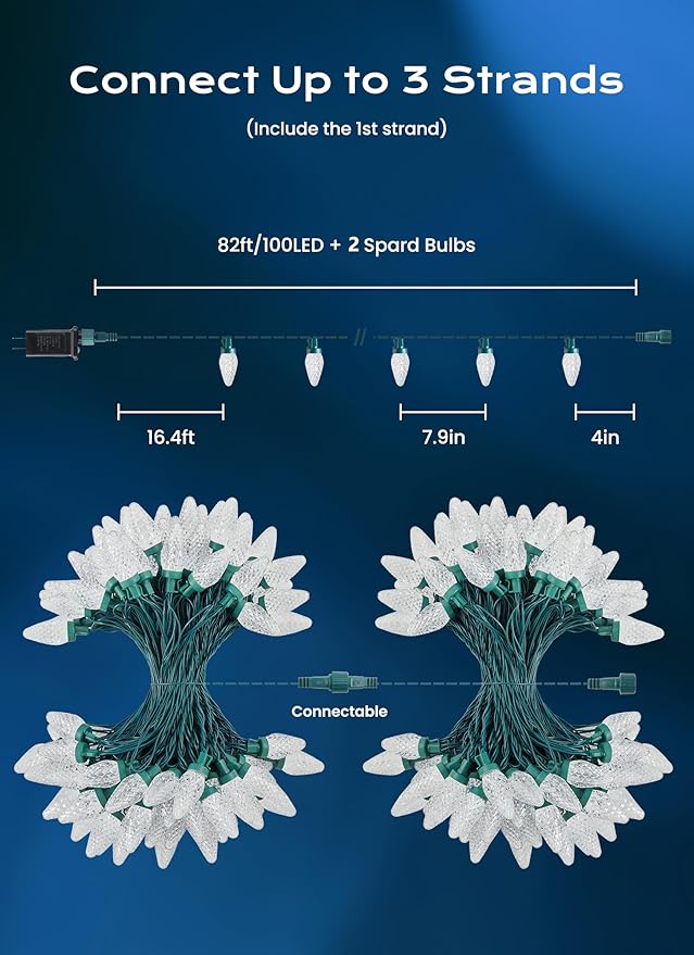 C9 Christmas Lights Outdoor, 66 FT 100 LED Connectable C9 String Lights with 8 Modes and Timer Extendable Xmas Tree Patio Roofline Garden Yard Holiday Party Indoor Outdoor Decoration, White