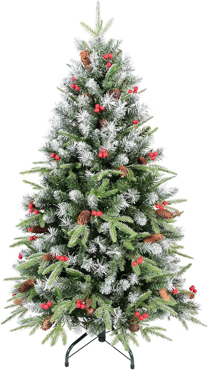 5 Ft Artificial Christmas Tree Pre-Decorated with Snow Flocked PVC&PE Tips, Pine Cones, Red Berries, Unlit Xmas Tree with Metal Stand for Hoilday Office Outdoor Christmas Decoration(Green White)