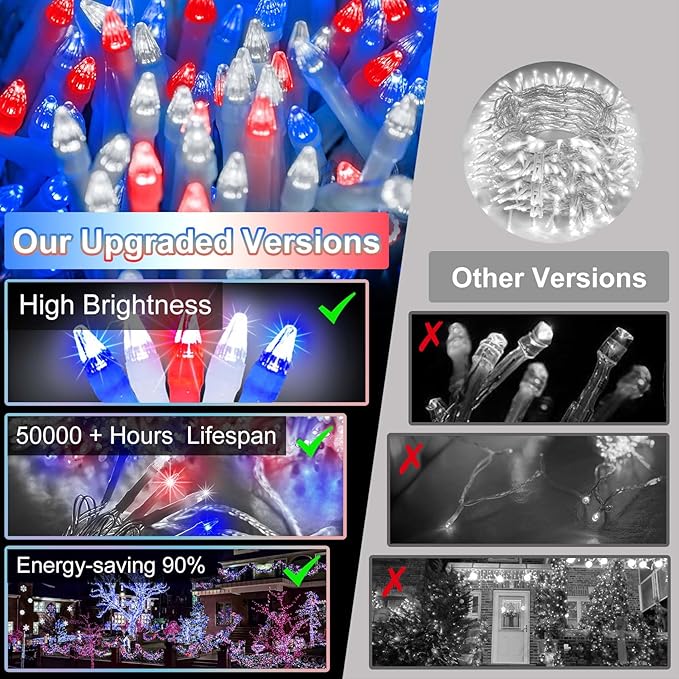 340 LED 90FT Christmas String Lights Outdoor, 12 Pro Modes and Timer Memory & Brightness, Plug in Outdoor Waterproof Clear Wire Twinkle Light for for Xmas Yard Tree Wedding Party Decor Red White Blue