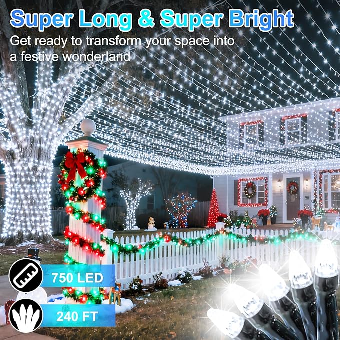 750 LED 240FT Christmas String Lights Outdoor, 12 Pro Modes and Timer Memory & Brightness, Plug in Waterproof Dark Green Wire Twinkle Light for for Xmas Yard Tree Wedding Party Decor (Cool White)