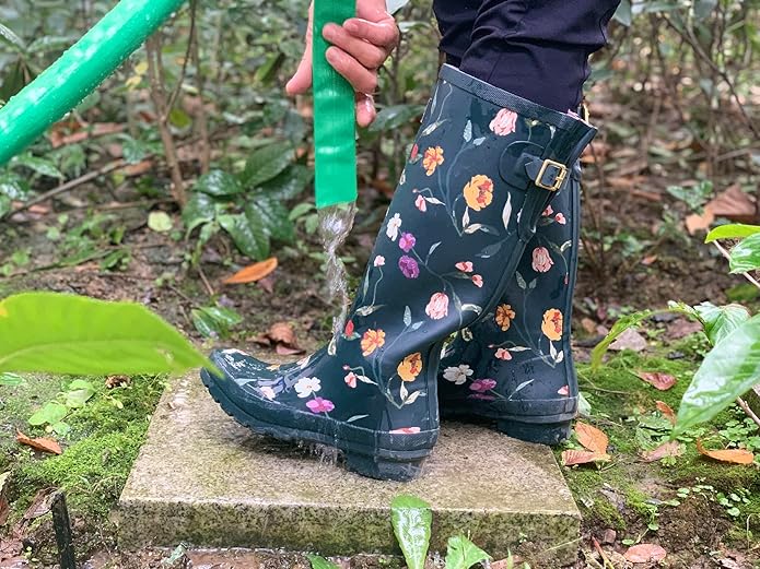 Rongee Rain Boots for Women Waterproof Garden Outdoor Mud Boots Printed with Adjustable Buckle