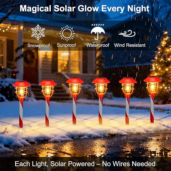 Christmas Solar Pathway Lights Outdoor Decorations,Garden Solar Stake Landscape Lights Candy Cane Christmas Pathway Light (6 Pack)