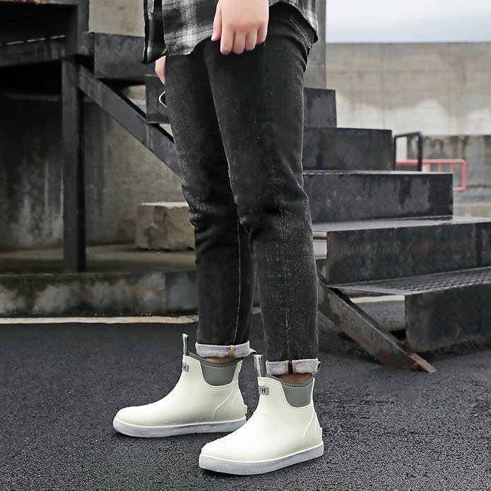 Mens Deck Boots, Saltwater Fishing Booties Rubber Waterproof Ankle Rain Boots, High-performance Footwear Chelsea Boots for Gardening Fishing Boating Camping Sailing