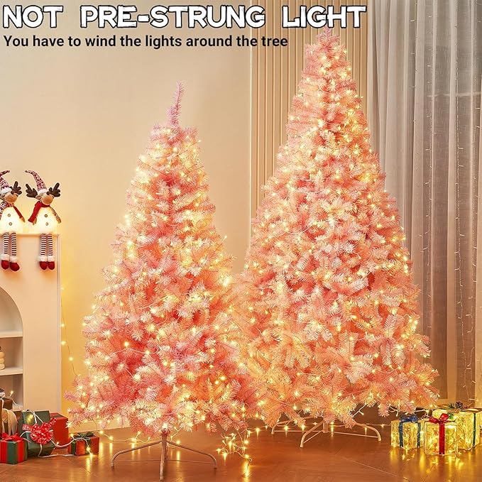 Juegoal 6 FT Artificial Christmas Tree (NOT Pre-Strung) with 300 LED Warm White String Lights, Spruce Hinged Tree, 8 Lighting Modes, Fake Xmas Pine Tree with Metal Legs, 850 Branch Tips, Pink