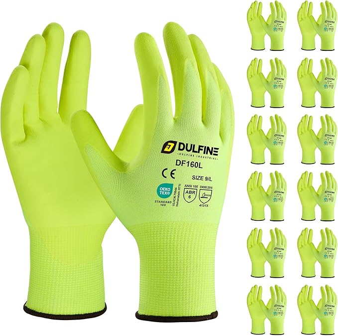 DULFINE Work Gloves for Men and Women,Hi-Vis Yellow Knit Nylon Glove with MicroFoam Nitrile Coated-12 Pairs Pack,Ideal for General Purpose,Automotive,Home Improvement,Painting(Medium)