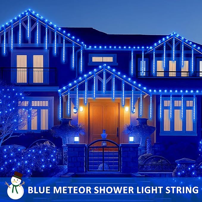 2-Pack Extendable Meteor Shower Christmas Lights Outdoor, 16 Tubes 384 LEDs Waterproof Falling Rain String Lights, Christmas String Lights Outdoor for Tree Garden Patio Holiday Decorations (Blue)