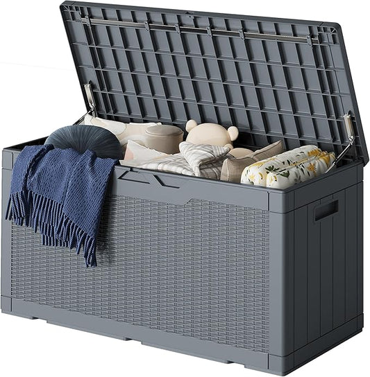 Greesum 100 Gallon Resin Deck Box Lockable Large Outdoor Storage Boxes for Garden Tools, Patio Furniture Cushions, Pool Supplies, Gray