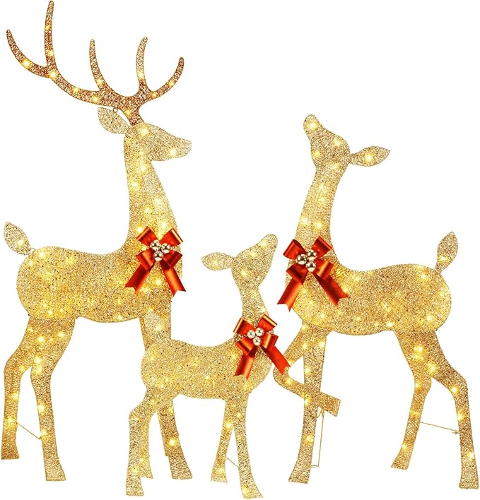 YULETIME 3-Piece Pre-lit 2.5D Christmas Reindeer Family, Lighted Glitter Deer Holiday Decoration With Warm White LED Lights