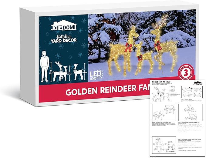 Joiedomi 3 Packs Christmas Decoration Deer Family, 360 LED Lighted Rattan Reindeers Yard Lights, Christmas Outdoor Decorations for Yard Garden Lawn, Xmas Decor, Golden Reindeer