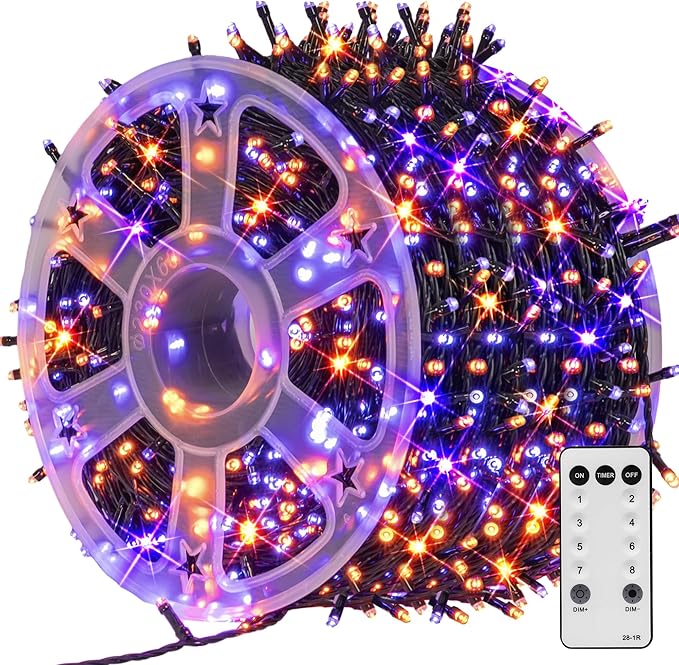 TW SHINE Halloween Lights, 600 LED 196FT Halloween String Lights Plug-in with 8 Modes Timer and Remote, Waterproof Outdoor Decorations for Haunted House Party Yard Decor, Purple and Orange