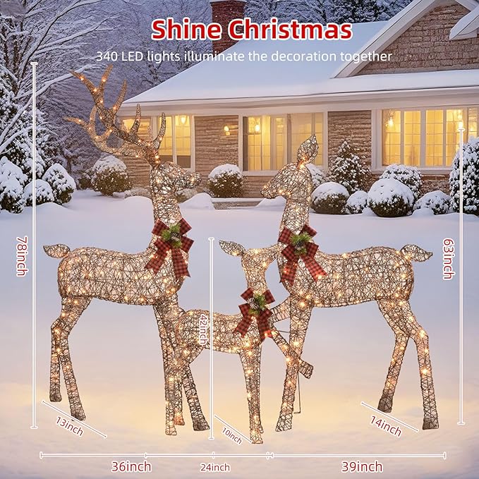 HOYECHI 6.5 FT Oversized Christmas Decorations Outdoor Lighted Reindeer – 3-Piece 3D Deer Family Set with 340 Warm White LED Lights for Yard, Lawn, Garden & Porch Holiday Display - Rattan