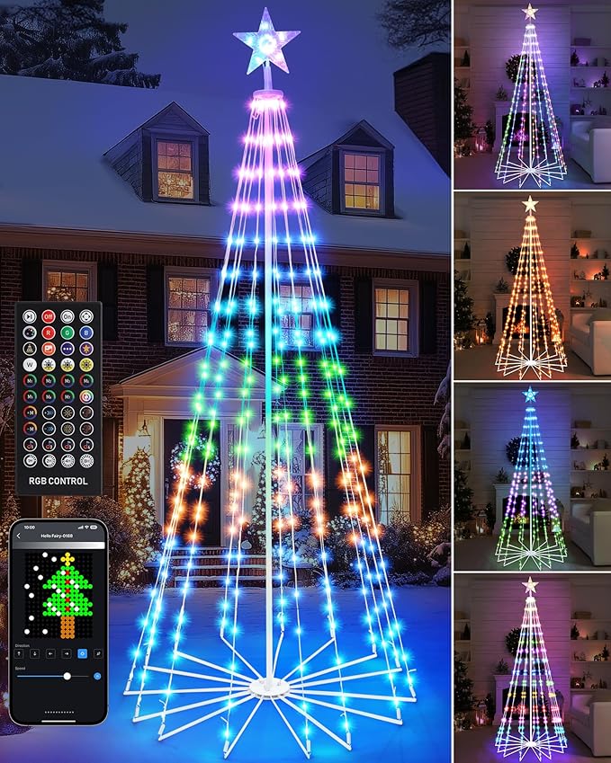 Brightever 7FT 295 LED Smart Cone Christmas Tree, Outdoor Prelit Christmas Tree with 16 Million DIY RGB LED Light Show, Remote APP Control Color Changing Music Sync for Xmas Outdoor Decorations