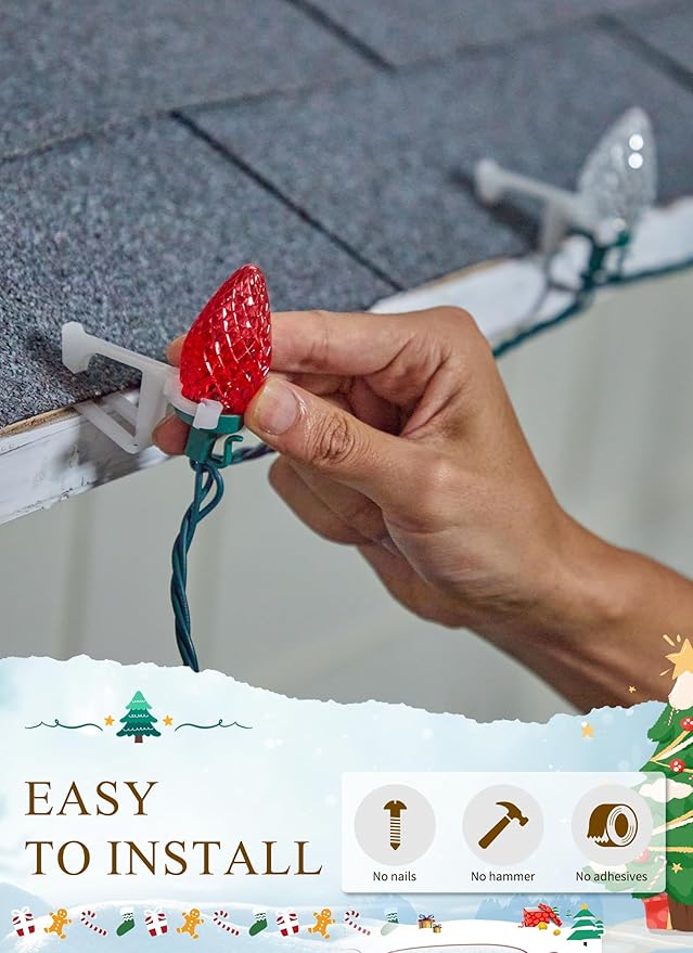 C9 Led Christmas String Lights, 68 Ft 100 LED Strawberry Roof Lights with 100 All in One Clips, Commercial Grade Waterproof Extendable for Indoor Outdoor Roofline Home Xmas Decor, Red & Pure White