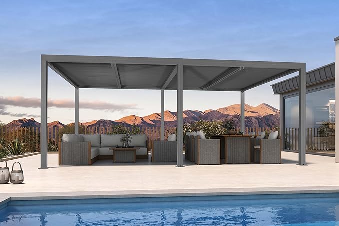 PURPLE LEAF Louvered Pergola 12' x 20' with 13 Pcs Modern Patio Dining Set Outdoor Full Aluminum Pergola with Adjustable Rainproof Roof Modern Patio Hardtop Gazebo for Deck Backyard Garden Slate Grey