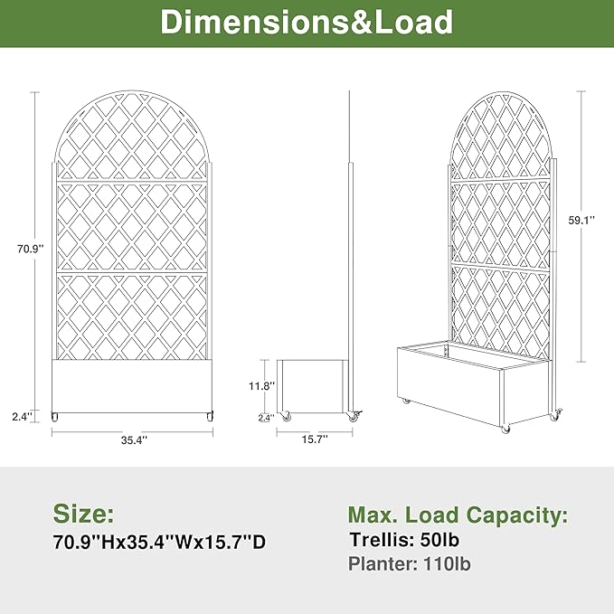Casaphoria Metal Raised Garden Bed with Trellis and Wheels, 72"x35"x16" Planter Box for Climbing Plants, Vegetables & Vines, Features Drainage Holes and Privacy Screen (Black-Laurence)