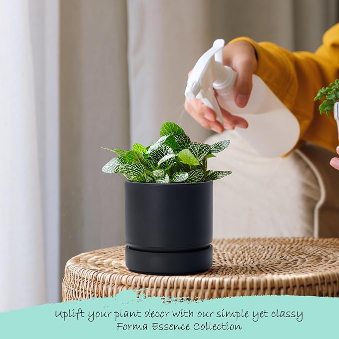 Phoenix Vine 4 Inch Planter Pot with Drainage Hole & Saucer, Deep Water Catch Tray, Straight Cylindrical Round Pot for Plants, Matte Black, Pack of 2, 23-C-R-2